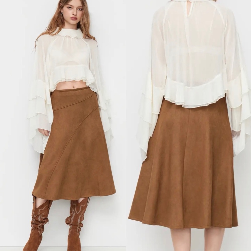 CIDER SUEDE MID RISE ELASTIC WAIST A-LINE MAXI SKIRT